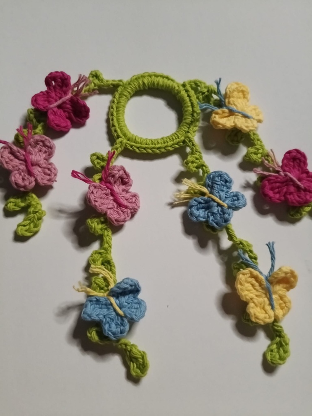 Crocheted Butterfly Hair Tie in Green with Pink, Blue & Yellow Butterflies